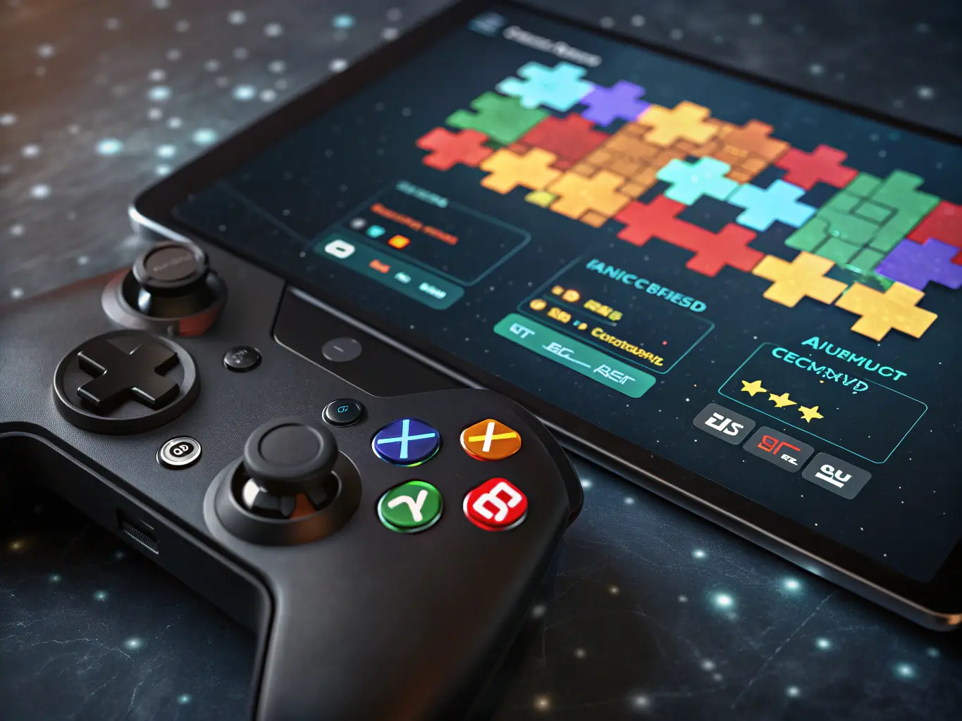 A vibrant and dynamic screenshot from Feifan Entertainment's flagship AI-powered puzzle game, showcasing the adaptive difficulty and personalized hints provided by the AI.
